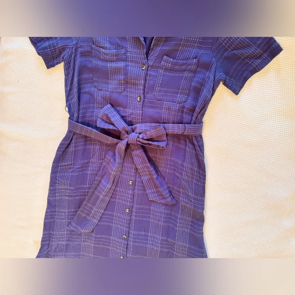 MAEVE Anthropologie Aria Textured Linen Navy Blue Shirtdress Midi Shirt Dress